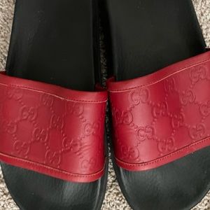 Men’s Gucci Slides - Red Leather - Signature Logo - Size 11